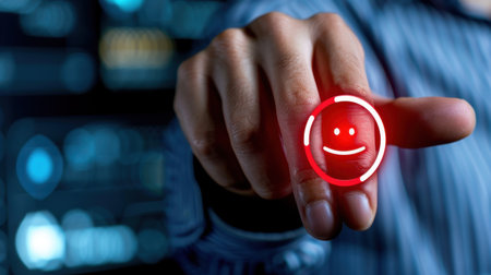 A close-up view of a hand tapping a digital interface, featuring a smiley face symbol in red. This image illustrates user engagement and positive interaction in a modern technological context.の素材