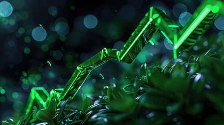 This captivating image depicts a green upward chart amid lush greenery and bokeh lights, symbolizing financial growth and success in a vibrant, natural setting.の素材