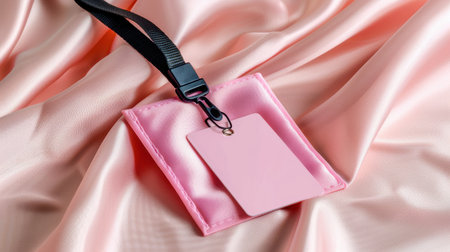 A pink blank name tag rests on soft satin fabric, designed for events or announcements. The stylish tag is perfect for customization and branding.の素材
