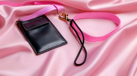 A sleek black badge holder paired with a vibrant pink lanyard, beautifully displayed on soft pink satin fabric, showcasing elegant style for professional use.の素材