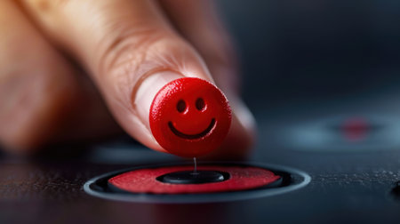 A close-up image featuring a hand placing a vibrant red smiley face button on a sleek black surface, surrounded by other buttons, symbolizing joy and interaction.の素材