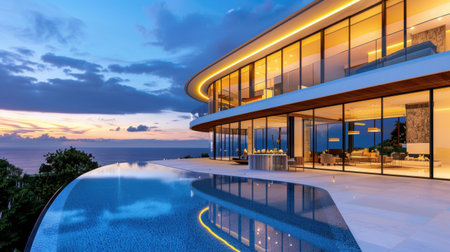 A stunning modern villa featuring an infinity pool with breathtaking sunset views over the ocean, blending luxury and comfort in a tranquil tropical setting.の素材