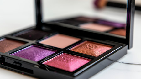 This close-up captures a stylish makeup palette featuring a range of vibrant eyeshadow colors with a reflective surface, ideal for beauty enthusiasts.の素材