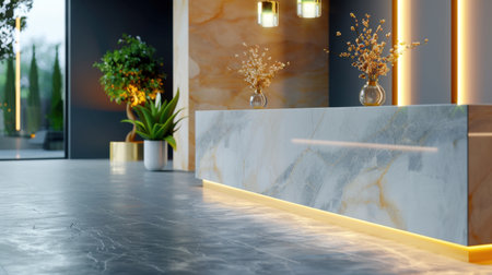 This captivating image showcases a stylish reception area featuring a sleek marble counter, greenery accents, and warm lighting, creating an inviting atmosphere.の素材