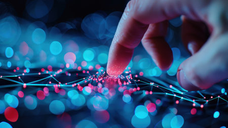 A close-up view of a finger gently touching a vibrant digital interface filled with colorful dots and lines, symbolizing technology and connection in a modern context.の素材