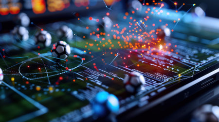 Explore the intersection of technology and sports with vibrant data visualizations, featuring soccer balls and dynamic graphics on a virtual field.の素材
