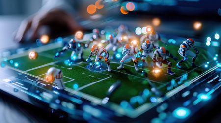 Explore a dynamic football strategy game displayed on a tablet, featuring miniature players and vibrant glowing effects, showcasing modern digital entertainment.の素材