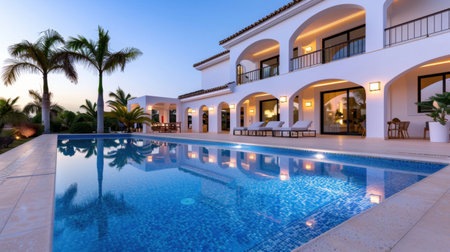 Discover a stunning luxury villa featuring a sparkling pool, elegant architecture, and lush tropical surroundings, perfect for relaxation at sunset.の素材