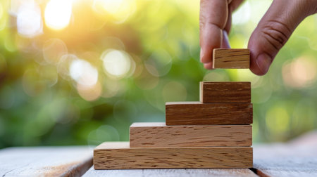A hand carefully places a wooden block on a stack of wooden blocks, representing growth, progress, and achievement in a natural outdoor setting.の素材