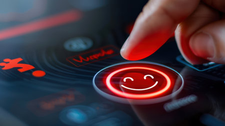 A close-up view of a finger tapping a bright red smiley face icon on a smart device screen, symbolizing joy, satisfaction, and user engagement in digital experiences.の素材