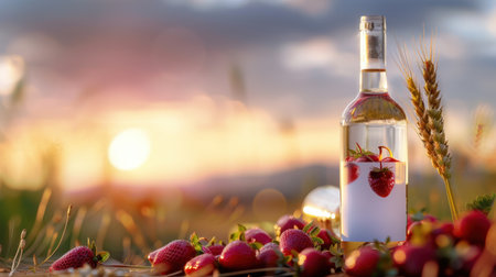 A beautiful scene featuring a clear bottle filled with a refreshing beverage, garnished with fresh strawberries, set against a stunning sunset backdrop.の素材