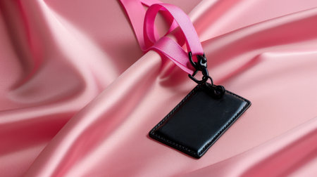 A sleek black leather ID badge holder hangs gracefully from a vibrant pink ribbon on soft satin fabric, perfect for events or stylish personal use.の素材
