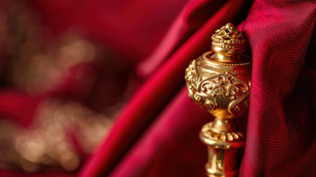 A close-up image showcasing an ornate gold decorative element against a backdrop of rich red fabric, highlighting elegance and luxury in interior decor.の素材