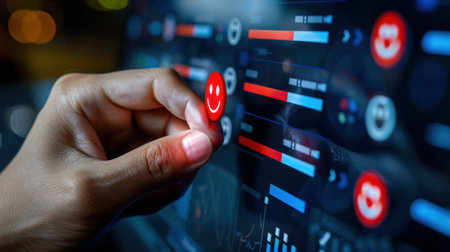 A hand interacting with a vibrant touchscreen display featuring data analytics and a red smiley button symbolizes user engagement and happiness in digital applications.の素材