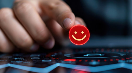 A close-up of a hand reaching for a red smiley icon on a digital touchscreen, representing user interaction and feedback in modern technology.の素材