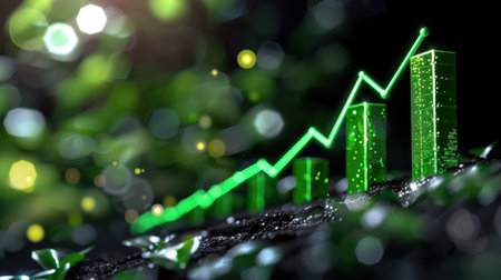 A captivating growth chart displays green bars representing upward trends in business and finance, set against a soft green foliage background.の素材