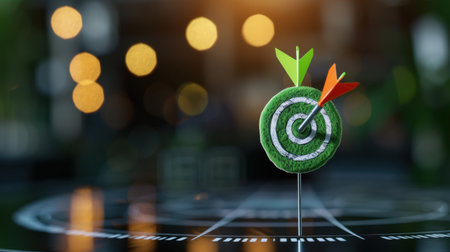 A vibrant dartboard with colorful arrows highlights the essence of achievement and goal setting. The blurred background creates a dreamy atmosphere, evoking determination and focus for personal or business success.の素材