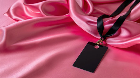 A sophisticated close-up of a blank name tag pendant resting on luxurious pink satin fabric. Ideal for branding, design mockups, and elegant presentations.の素材