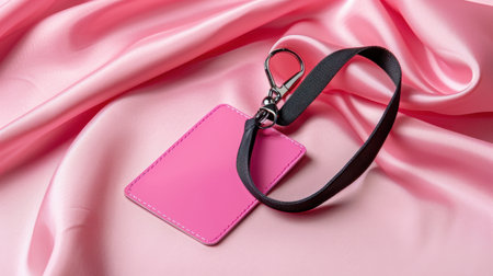 This image features a vibrant pink ID card holder attached to a sleek black lanyard, resting on a soft and elegant pink satin fabric background. Ideal for showcasing identification and credentials in stylish settings.の素材