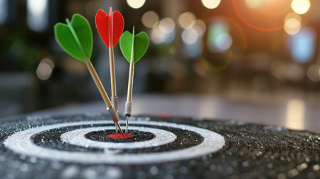 A close-up view of a dartboard featuring colorful darts with heart-shaped tips, successfully hitting the bullseye, symbolizing achievement and focus in a cozy indoor environment.の素材