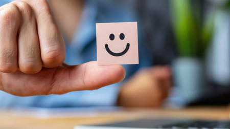 A hand displays a sticky note featuring a joyful smiley face, symbolizing positivity in a modern workspace. This image captures the essence of happiness and motivation, ideal for conveying uplifting emotions in professional settings.の素材