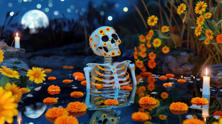 A whimsical scene featuring a skeleton immersed in a tranquil water body, surrounded by bright flowers and candles, creating a magical atmosphere under the moonlight.の素材