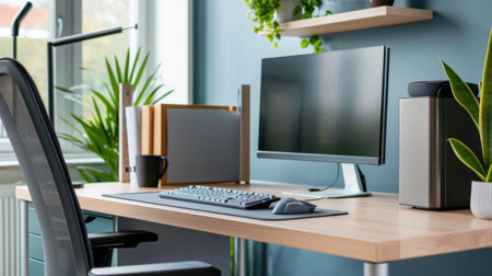 A well-arranged home office featuring a sleek computer setup, ergonomic chair, and vibrant indoor plants, designed for comfort and productivity.の素材