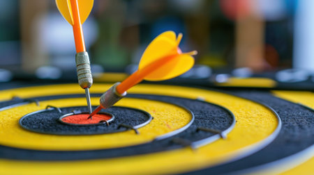 This close-up image showcases dart arrows striking the bullseye of a vibrant dartboard, capturing the essence of focus, accuracy, and competitive spirit.の素材
