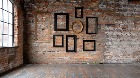 A spacious urban loft featuring a variety of empty picture frames arranged on a weathered brick wall, perfect for showcasing art or photography.の素材