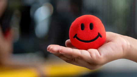 A hand gently holds a bright red smiley stress ball, radiating positivity and joy. The cheerful expression and vibrant color create an inviting atmosphere.の素材