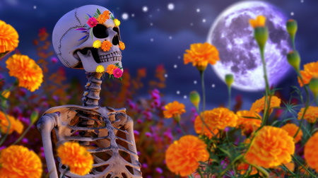 This captivating image features a colorful skeleton adorned with flowers, sitting amidst vibrant marigold blooms under a luminous moon, creating a magical atmosphere.の素材
