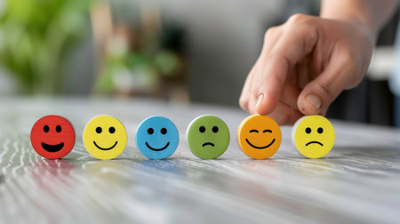 A colorful arrangement of smiley faces showing various emotions, with a human hand adjusting one, symbolizing feelings and emotional expression on a wooden surface.の素材