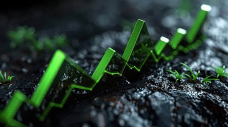 This image showcases a vibrant green arrow symbolizing financial growth, emerging from textured soil with small plants, highlighting nature's connection to sustainable progress.の素材