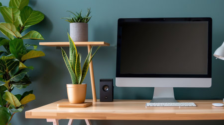 A stylish modern home office scene featuring a sleek computer setup against a calming green wall. Decorative plants enhance the aesthetic.の素材