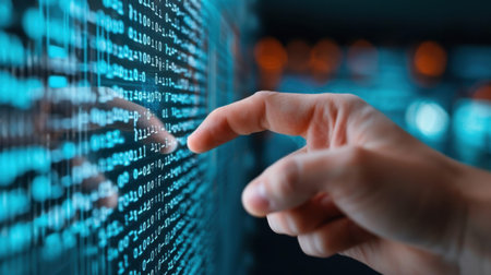 A close-up shot of a human hand reaching out to touch a glowing digital display filled with binary code, representing technology and digital interaction.の素材