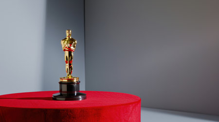 A golden statuette stands proudly on a red tablecloth, representing the pinnacle of achievement in the film industry, set against a neutral backdrop.の素材