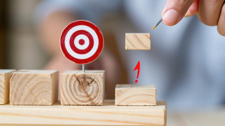 A conceptual image of a target symbolizing focus and goal achievement through a strategic approach using wooden blocks for business development.の素材