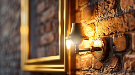 A beautifully crafted vintage wall light fixture casts a warm glow on a stylish brick wall background, enhancing the cozy atmosphere of any interior space.の素材