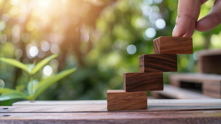 A hand carefully places a wooden block atop a stack, symbolizing growth and progress. The blurred green background evokes a sense of tranquility and nature.の素材