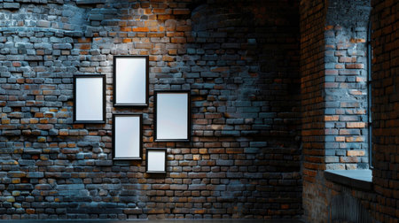 A captivating view of empty frames arranged on a rustic brick wall in a contemporary gallery space, illuminated by soft lighting, creating a serene atmosphere.の素材