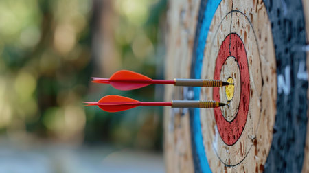 A close-up of two red darts striking the bullseye of a wooden target, showcasing vibrant colors against a blurred green backdrop, emphasizing focus and precision.の素材