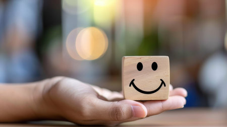 A hand gently holds a wooden block featuring a smiley face, symbolizing joy and positivity. The warm background creates an inviting atmosphere, promoting feelings of happiness and motivation.の素材