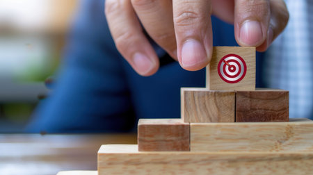 A hand strategically places a block with a target symbol on a stack of wooden blocks, representing the journey towards achieving business goals and success.の素材