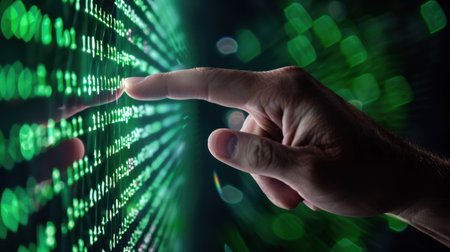 A close-up view of a human hand reaching out to interact with a vibrant stream of green binary code, symbolizing the connection between humans and technology.の素材