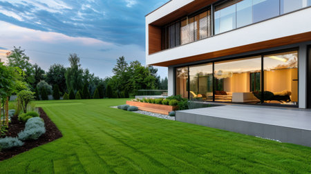 A stunning modern residential property featuring a spacious garden and contemporary design. The outdoor area promotes relaxation in a lush green setting.の素材