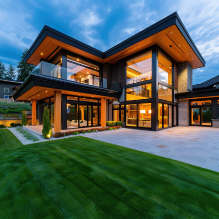 A stunning modern two-story house featuring large glass windows, sleek architecture, and lush green landscapes, showcasing a tranquil evening atmosphere.の素材