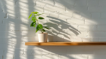A beautiful green potted plant sits on a sleek wooden shelf, casting intricate shadows on a textured white brick wall in soft sunlight.の素材
