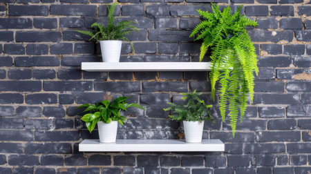 A beautiful arrangement of lush indoor plants sits on white wooden shelves against a textured rustic brick wall, creating a refreshing and calming atmosphere.の素材