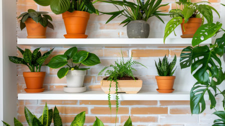 A beautiful display of various indoor plants arranged on white shelves against a natural brick wall, highlighting the calming and aesthetic appeal.の素材