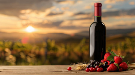 A stunning composition featuring a wine bottle surrounded by fresh berries and wheat, set against a breathtaking sunset in a vineyard landscape.の素材